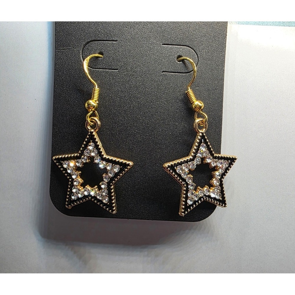 Gold Black Rhinestone Star Earrings Handmade Hypoallergenic BUNDLE & OFFER 2SAVE